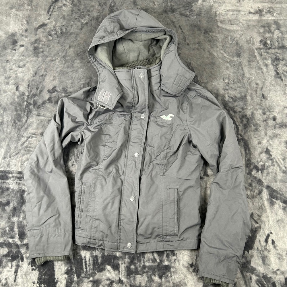 Hollister All-Weather Jacket Womens Large Gray Fleece Lined Hooded Windbreaker